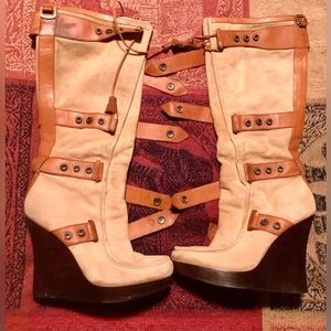 “Lamb” by Gwen Stefani knee high wedge platform suede boots